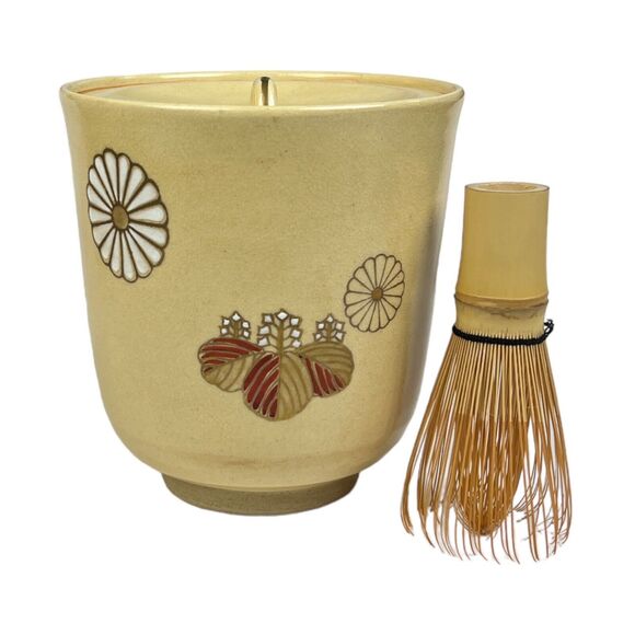 Mid Century Japanese Daisy Vintage Pottery Floral Tea Matcha Canister Jar Whisk - Picture 11 of 12